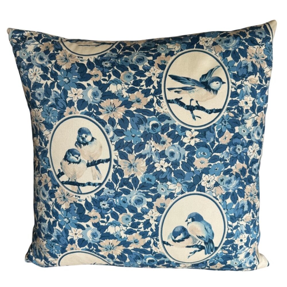 Stratford Home Pillow Bluebirds Floral Blue Cream Feather Insert 18" x 18" EUC